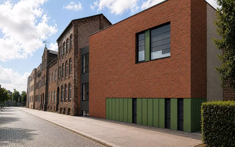 Retusche der Freien Schule mit der neuen zukünftigen Sporthalle
